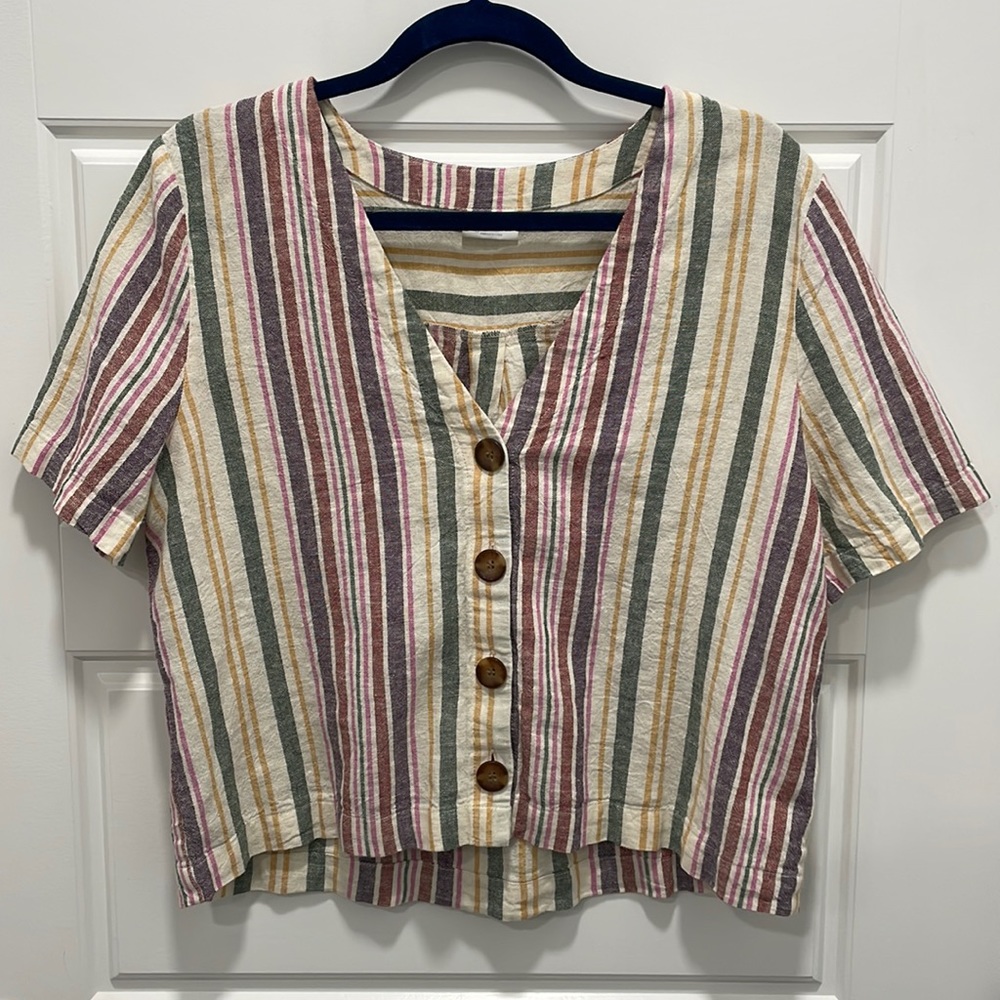Abound multi-colored striped linen button front short sleeve shirt